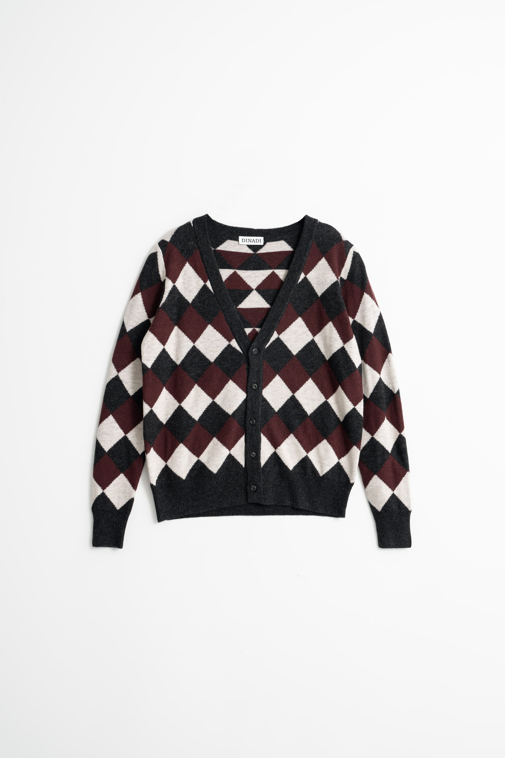 DINADI Merino Checkered Cardigan - Merlot Red