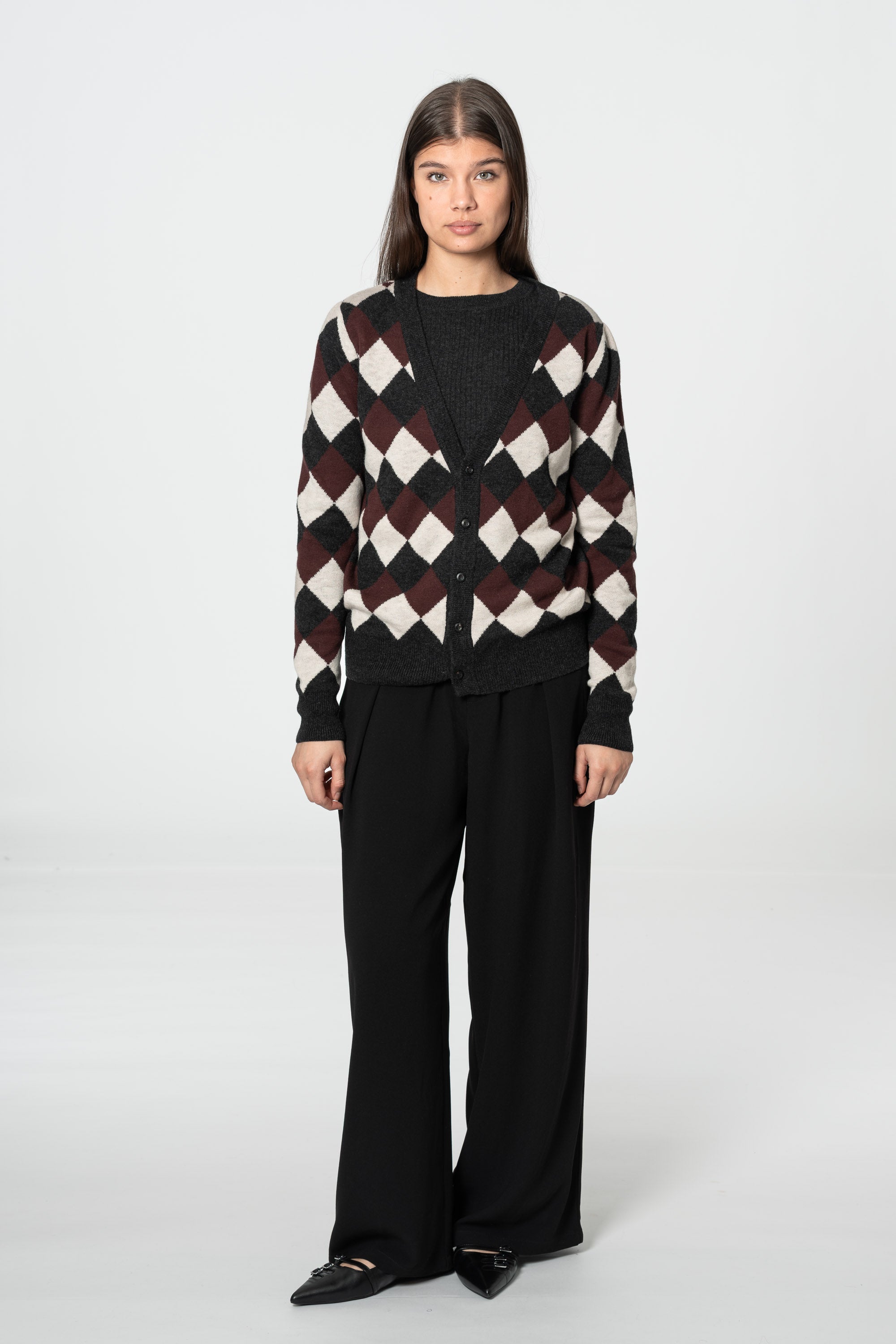 DINADI Merino Checkered Cardigan - Merlot Red