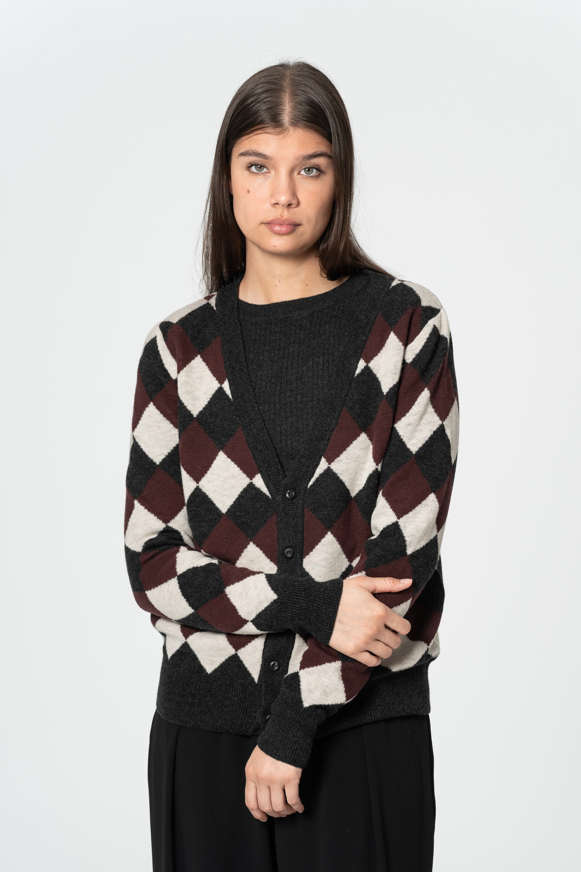 DINADI Merino Checkered Cardigan - Merlot Red