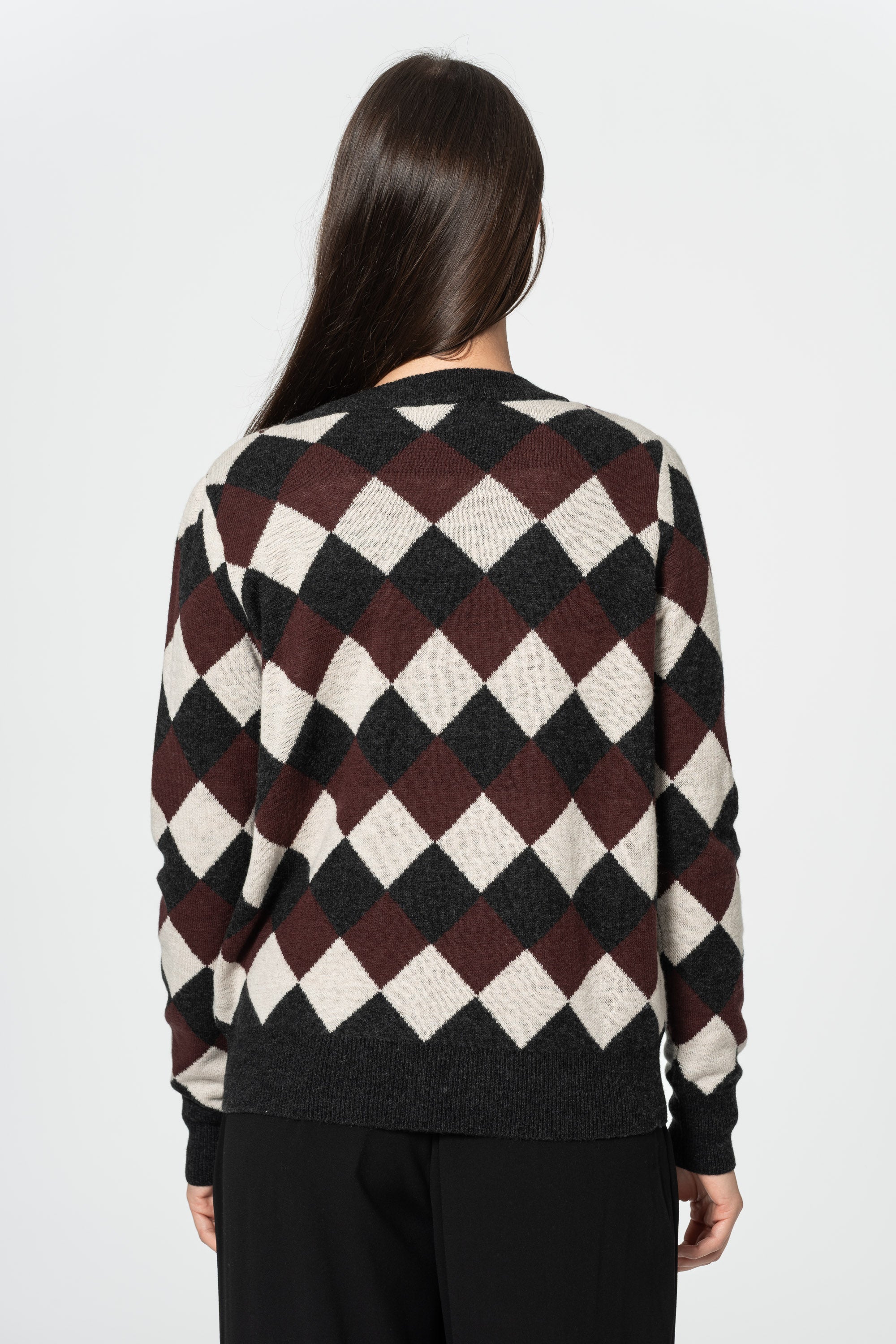DINADI Merino Checkered Cardigan - Merlot Red