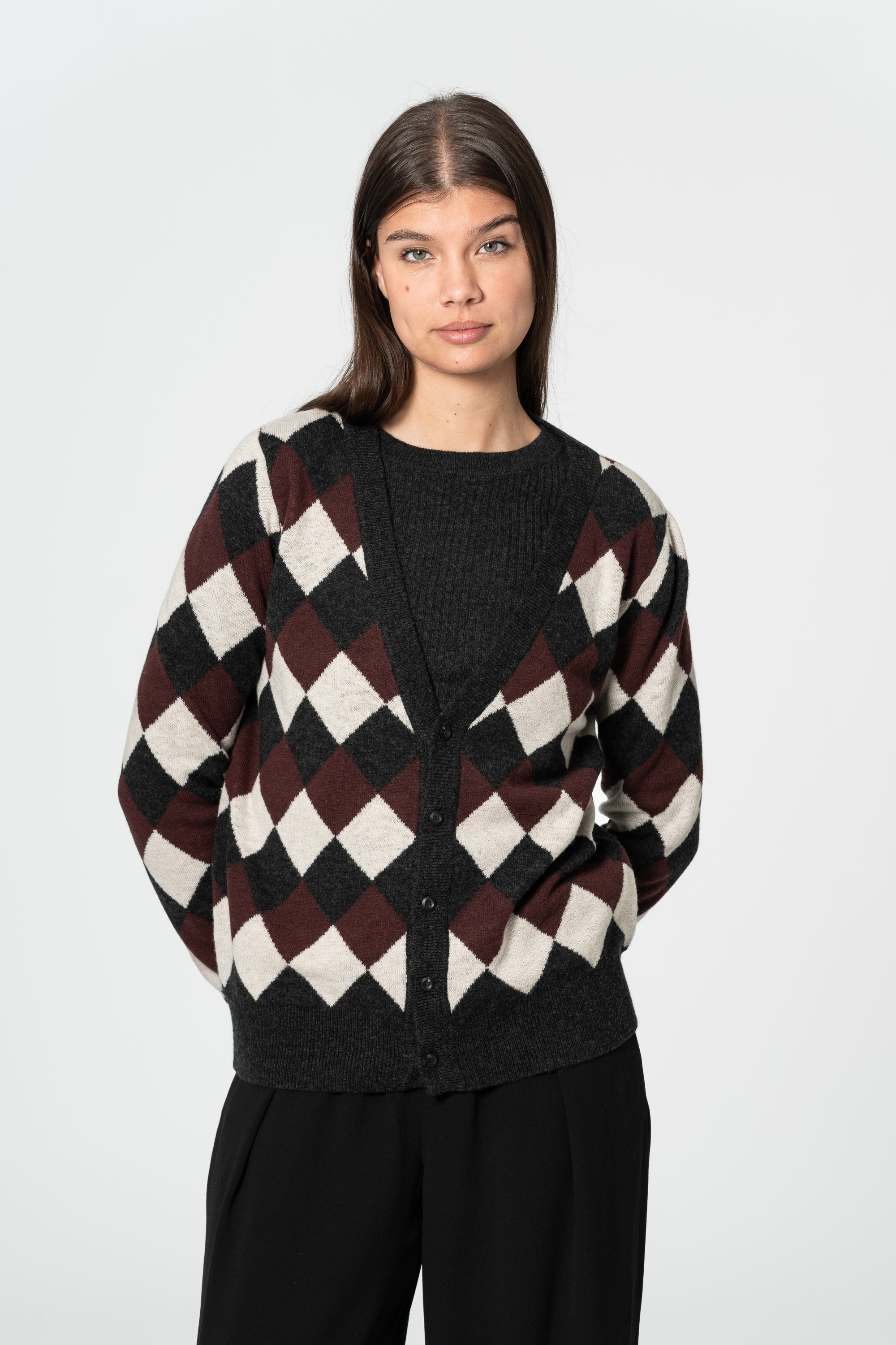 DINADI Merino Checkered Cardigan - Merlot Red