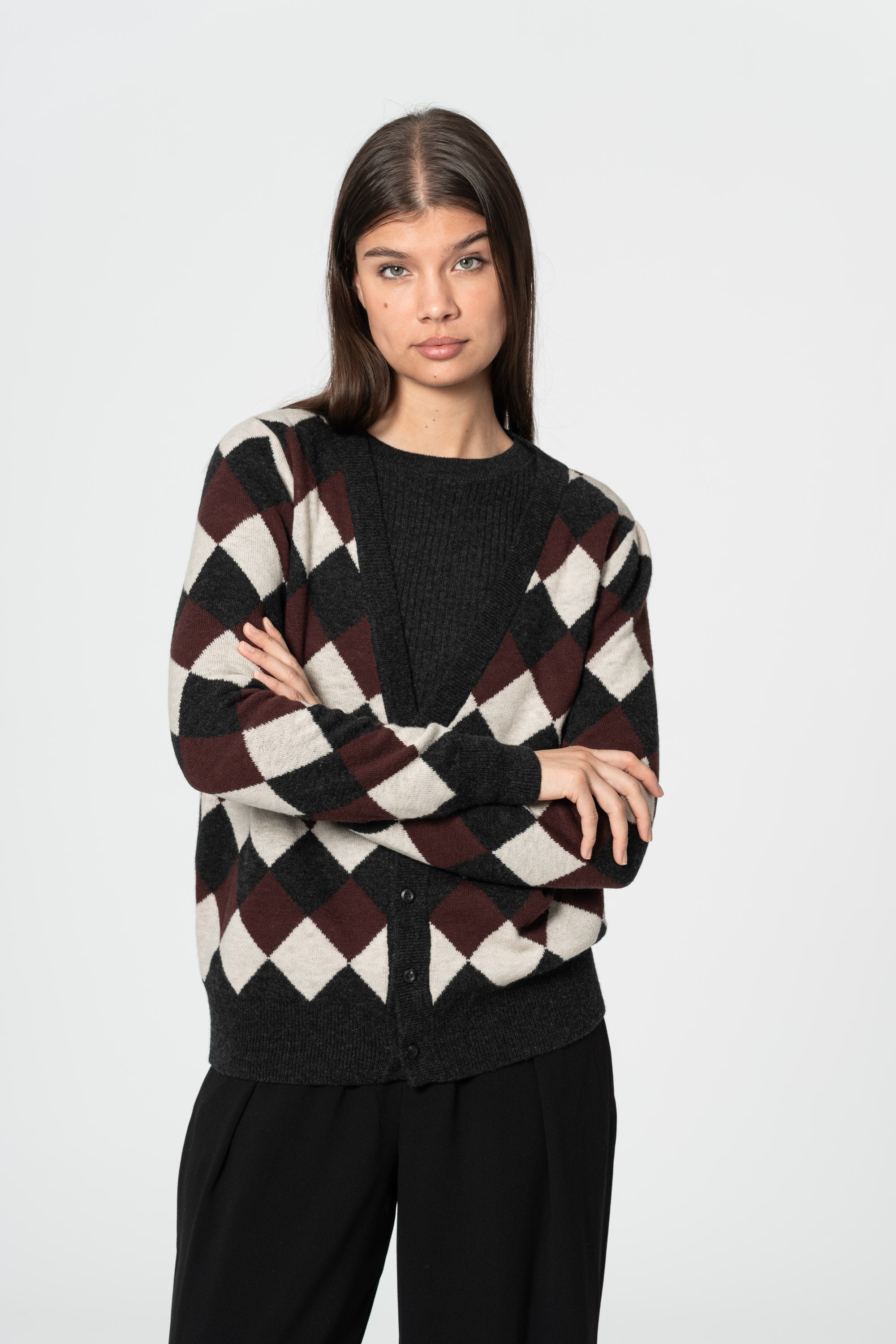 DINADI Merino Checkered Cardigan - Merlot Red