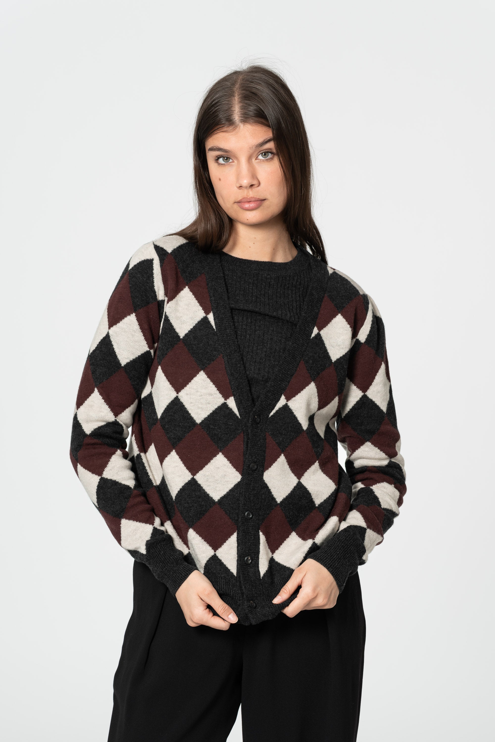 DINADI Merino Checkered Cardigan - Merlot Red