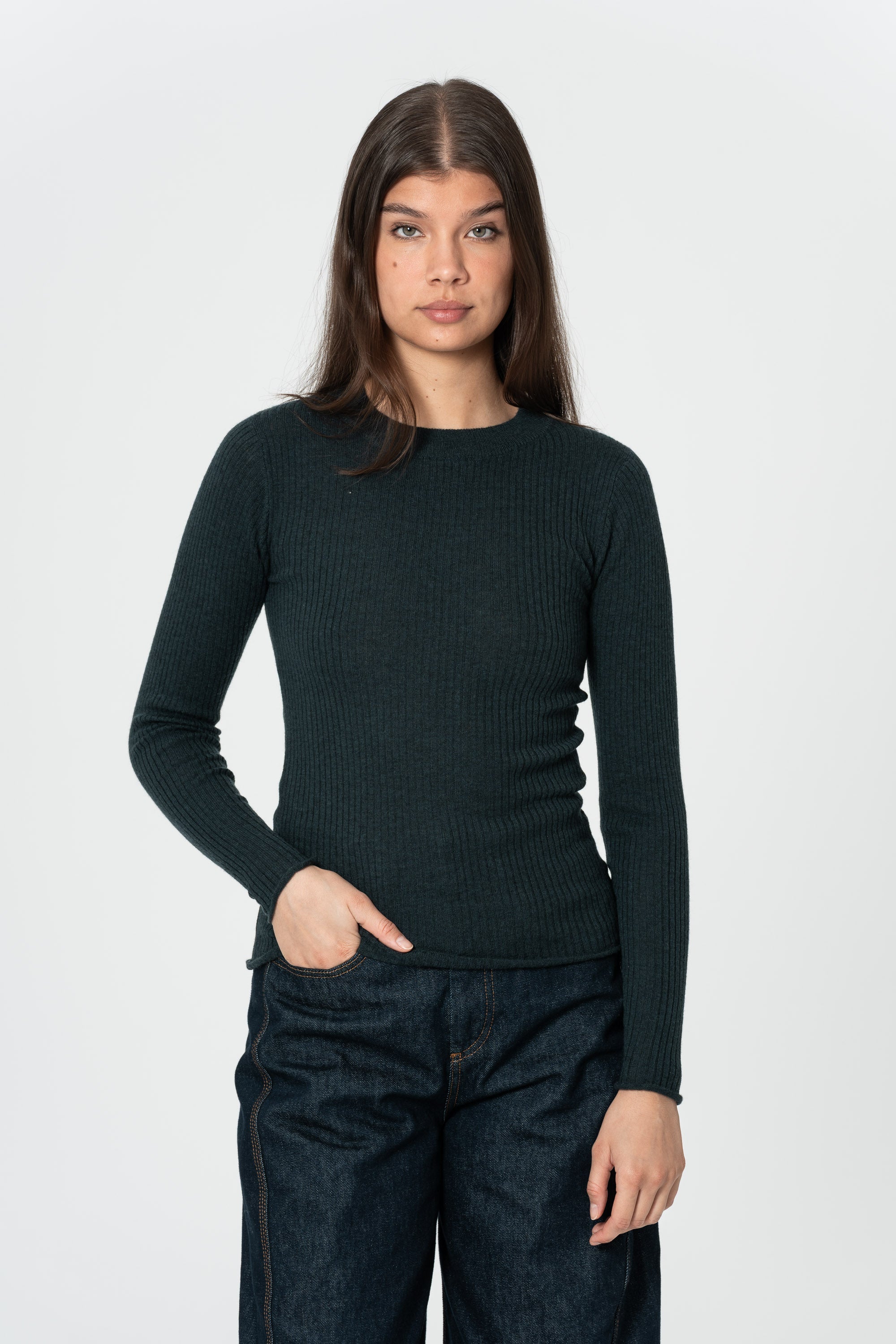 DINADI Merino Fitted Rib Sweater - Peacock Green