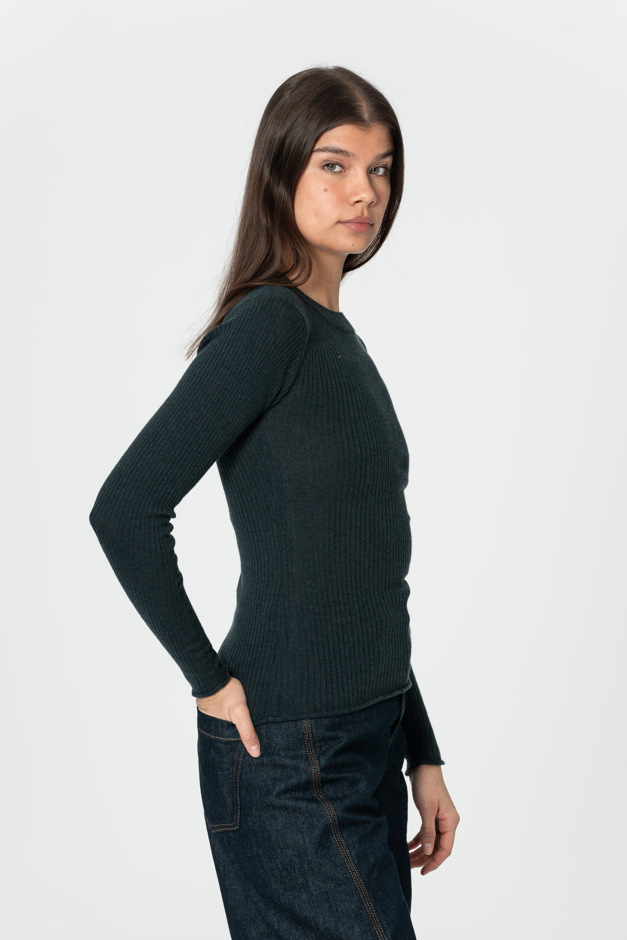 DINADI Merino Fitted Rib Sweater - Peacock Green