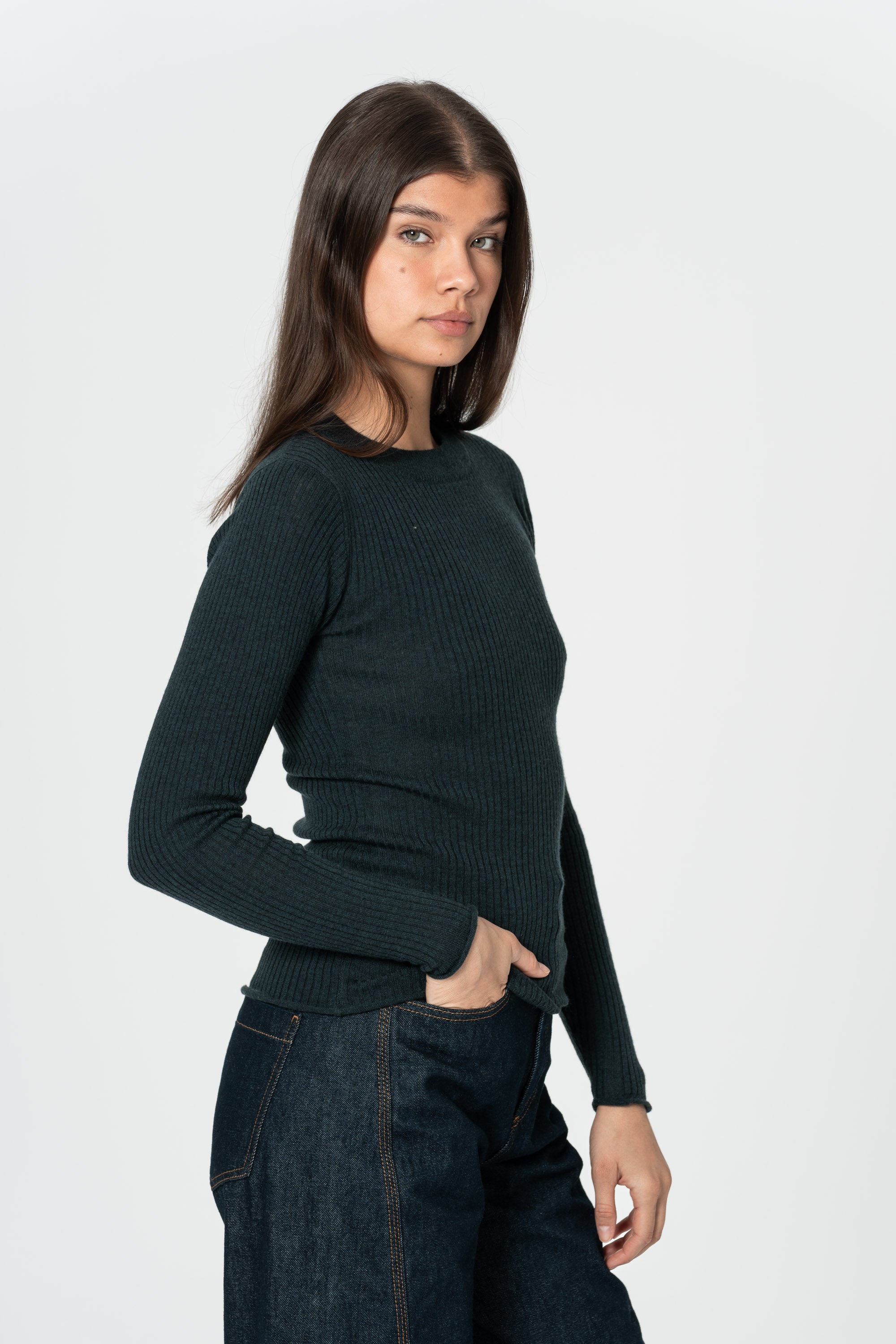 DINADI Merino Fitted Rib Sweater - Peacock Green