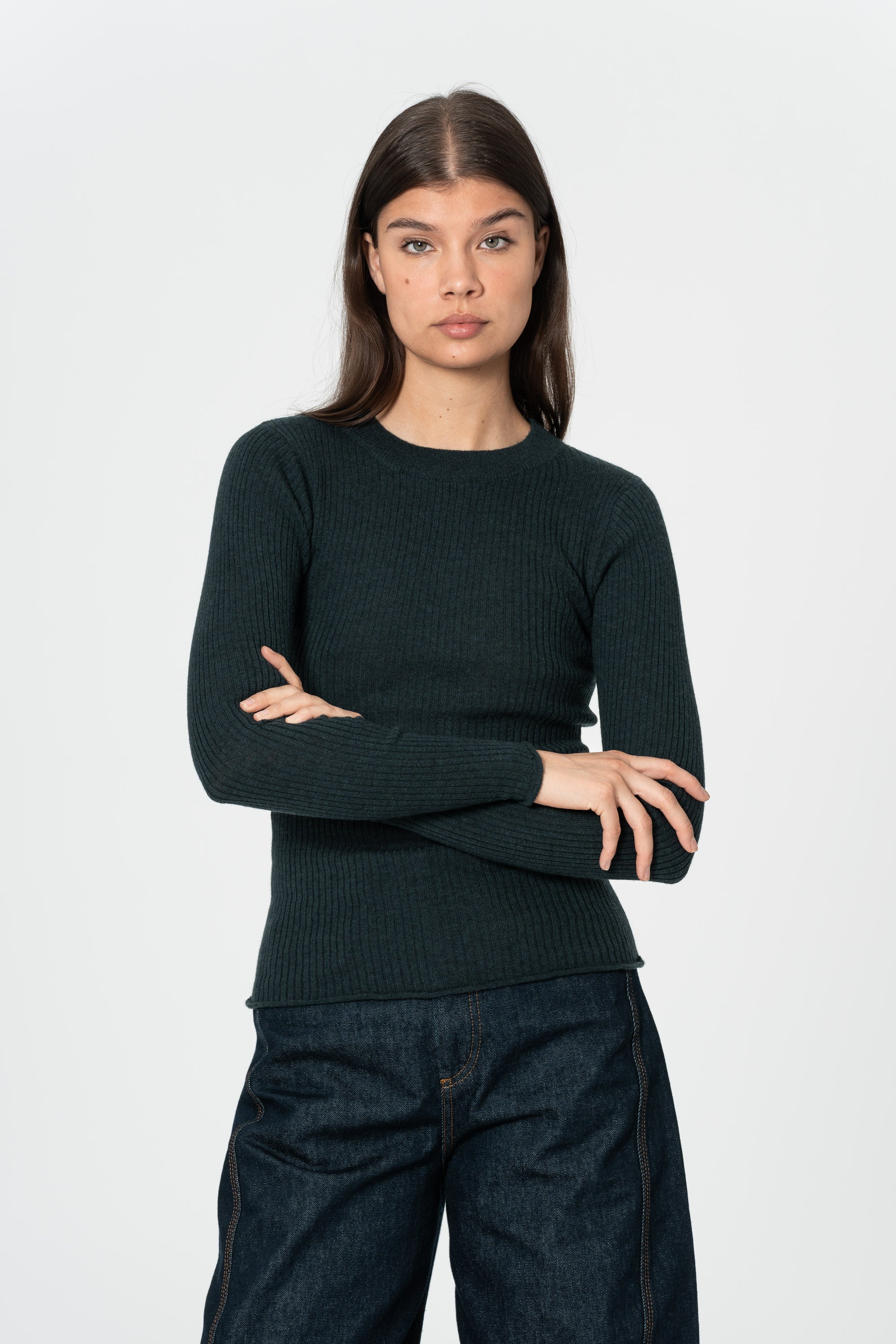 DINADI Merino Fitted Rib Sweater - Peacock Green