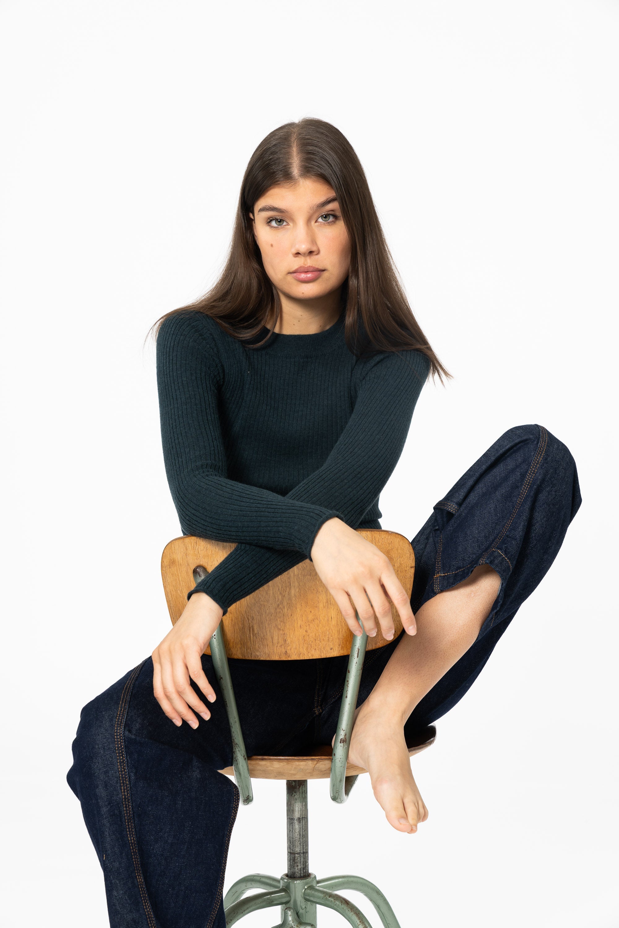 DINADI Merino Fitted Rib Sweater - Peacock Green