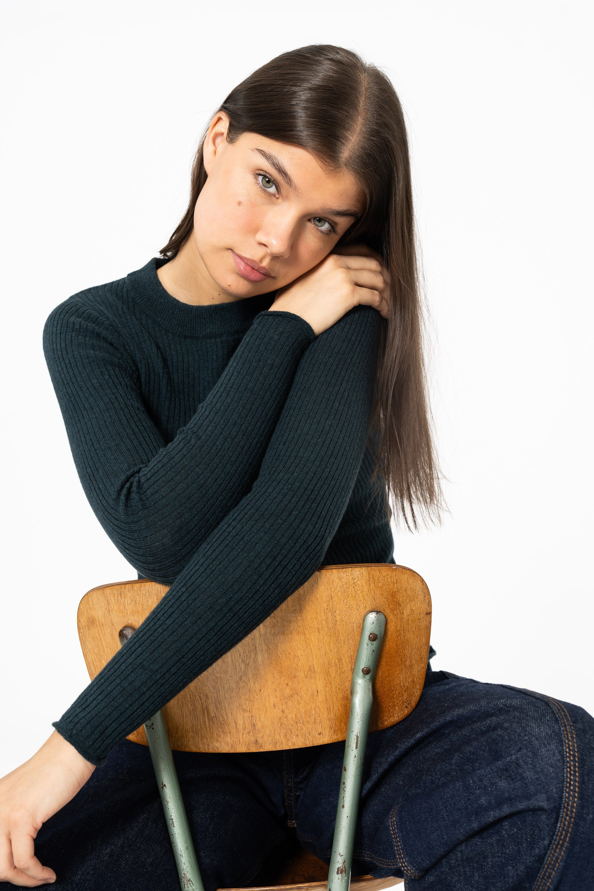 DINADI Merino Fitted Rib Sweater - Peacock Green