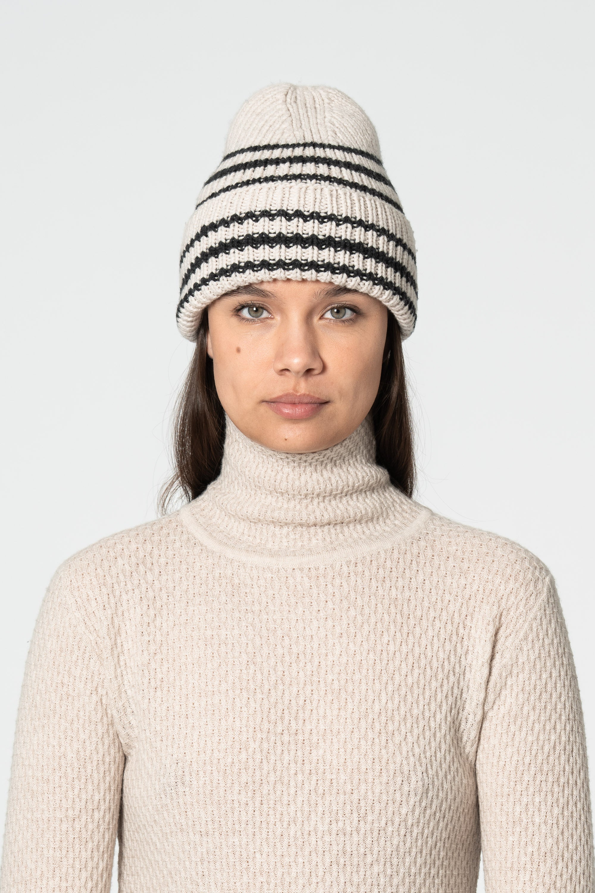 DINADI Merino Handknit Striped Hat - Almond White