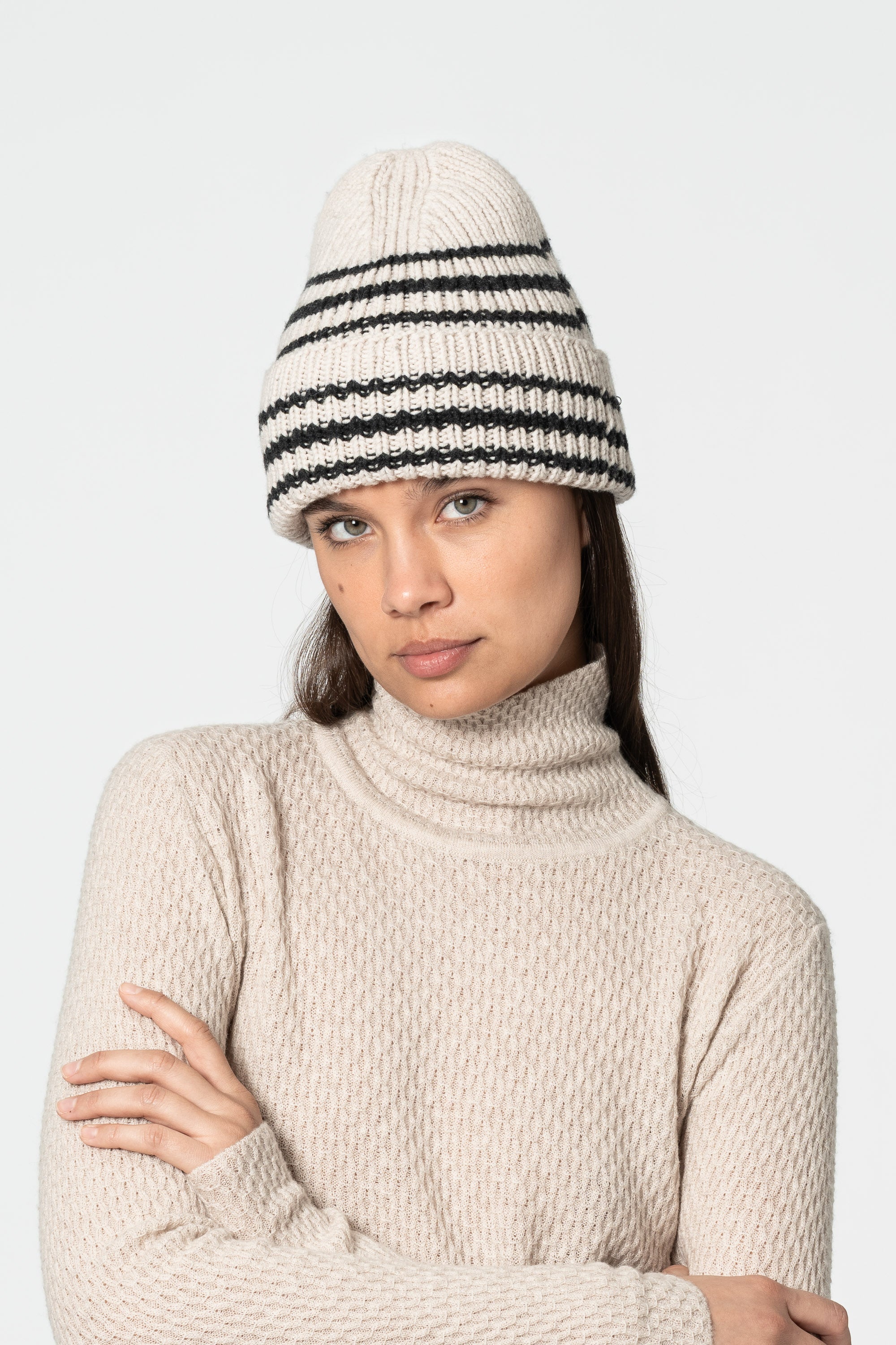 DINADI Merino Handknit Striped Hat - Almond White