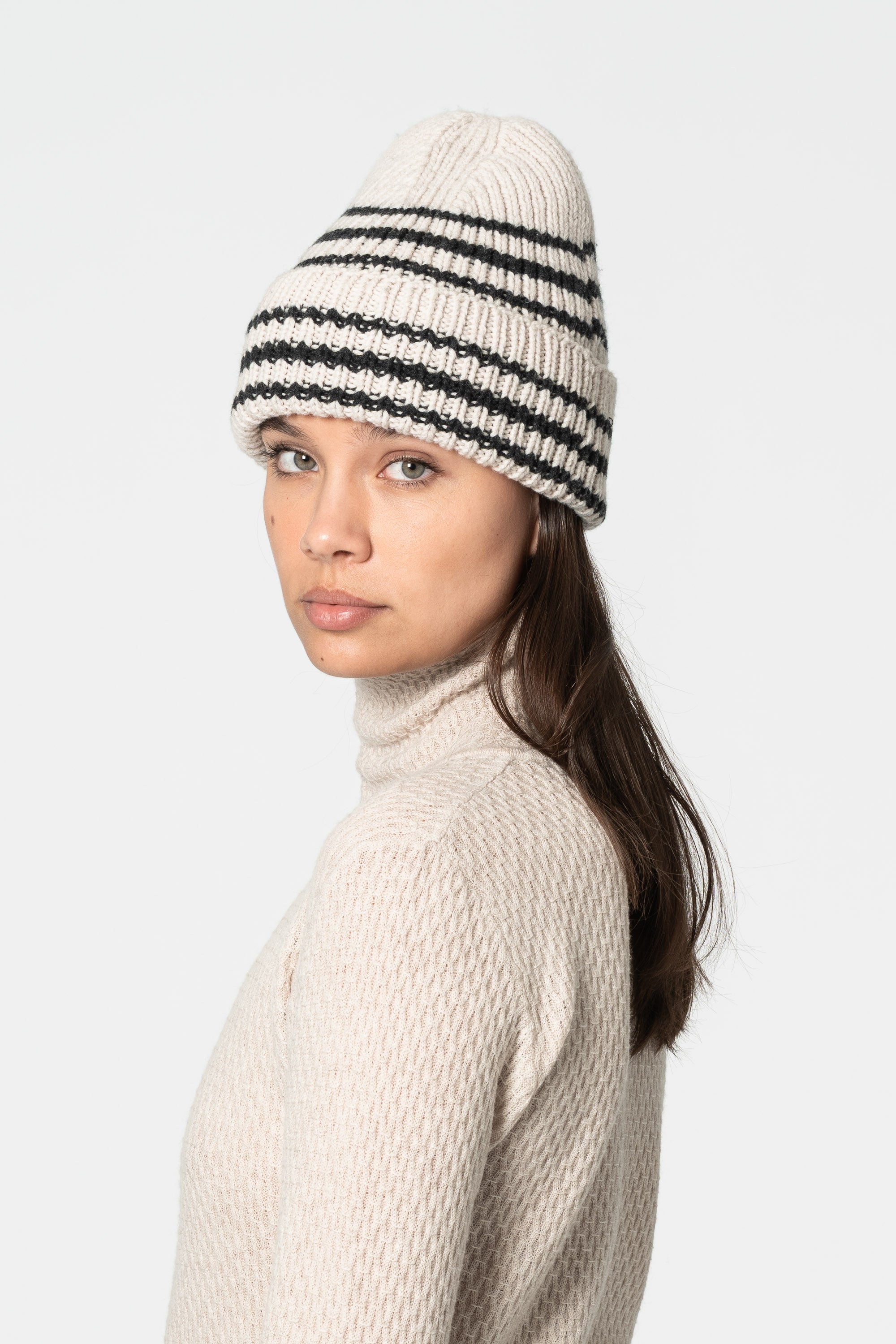 DINADI Merino Handknit Striped Hat - Almond White