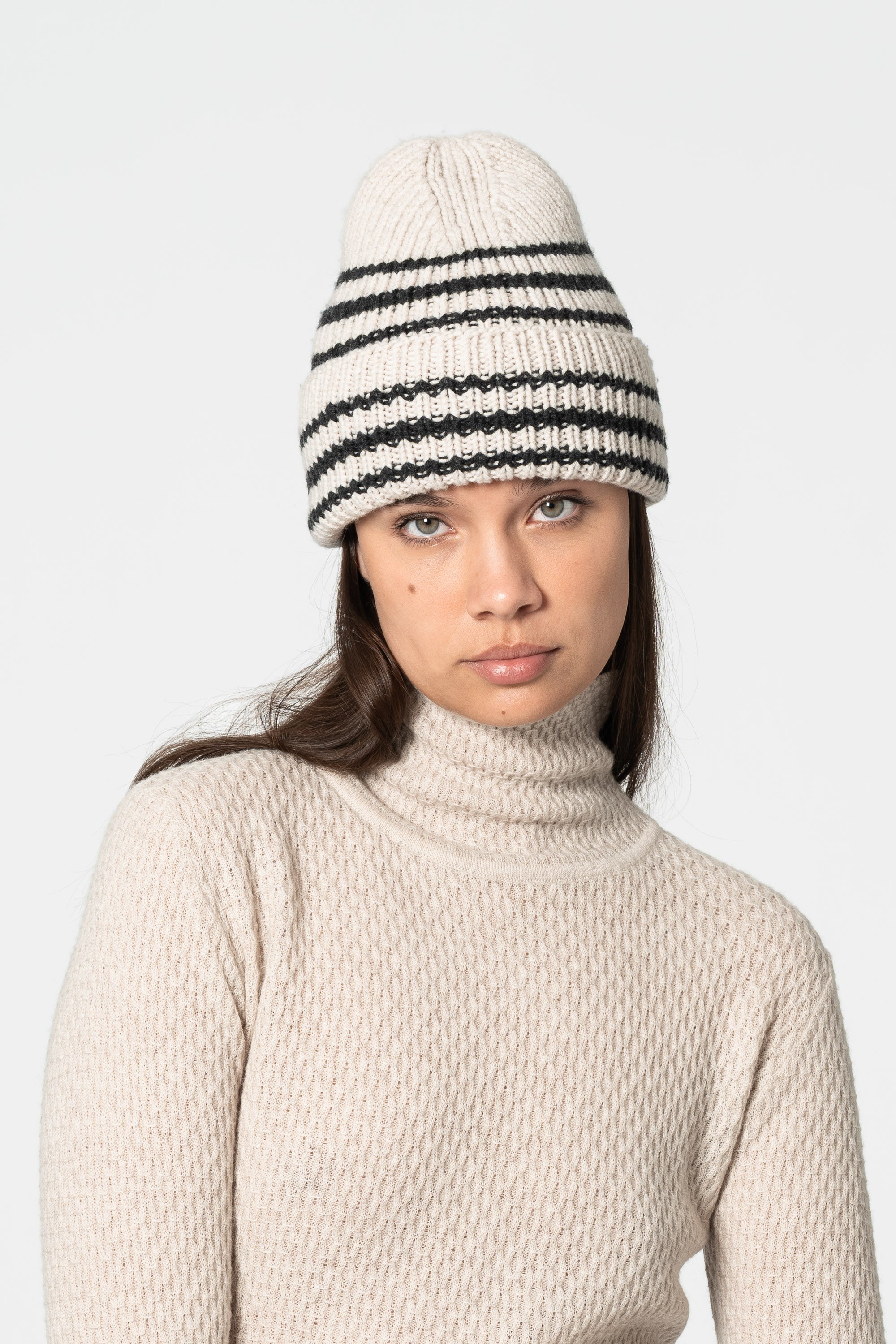 DINADI Merino Handknit Striped Hat - Almond White