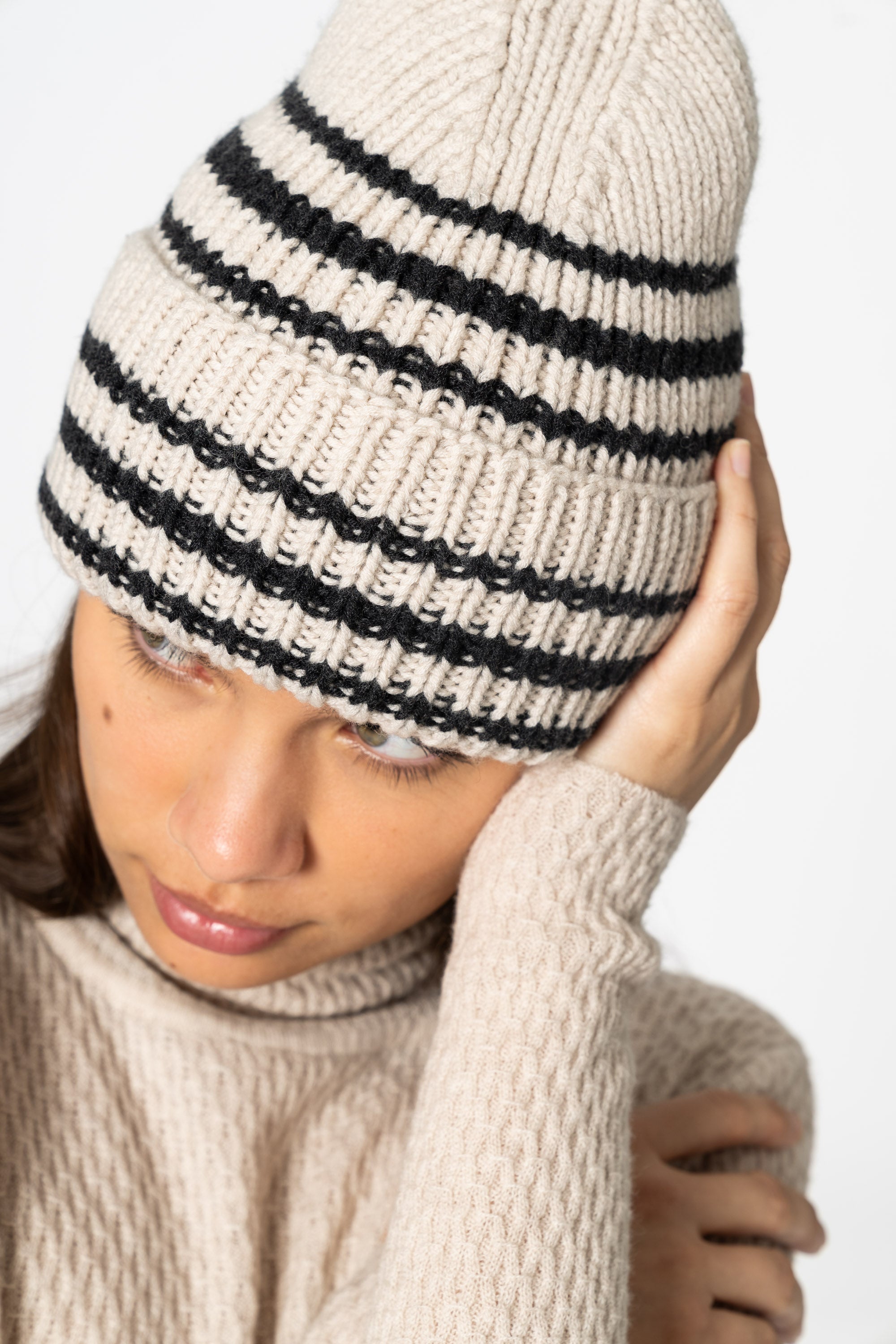 DINADI Merino Handknit Striped Hat - Almond White