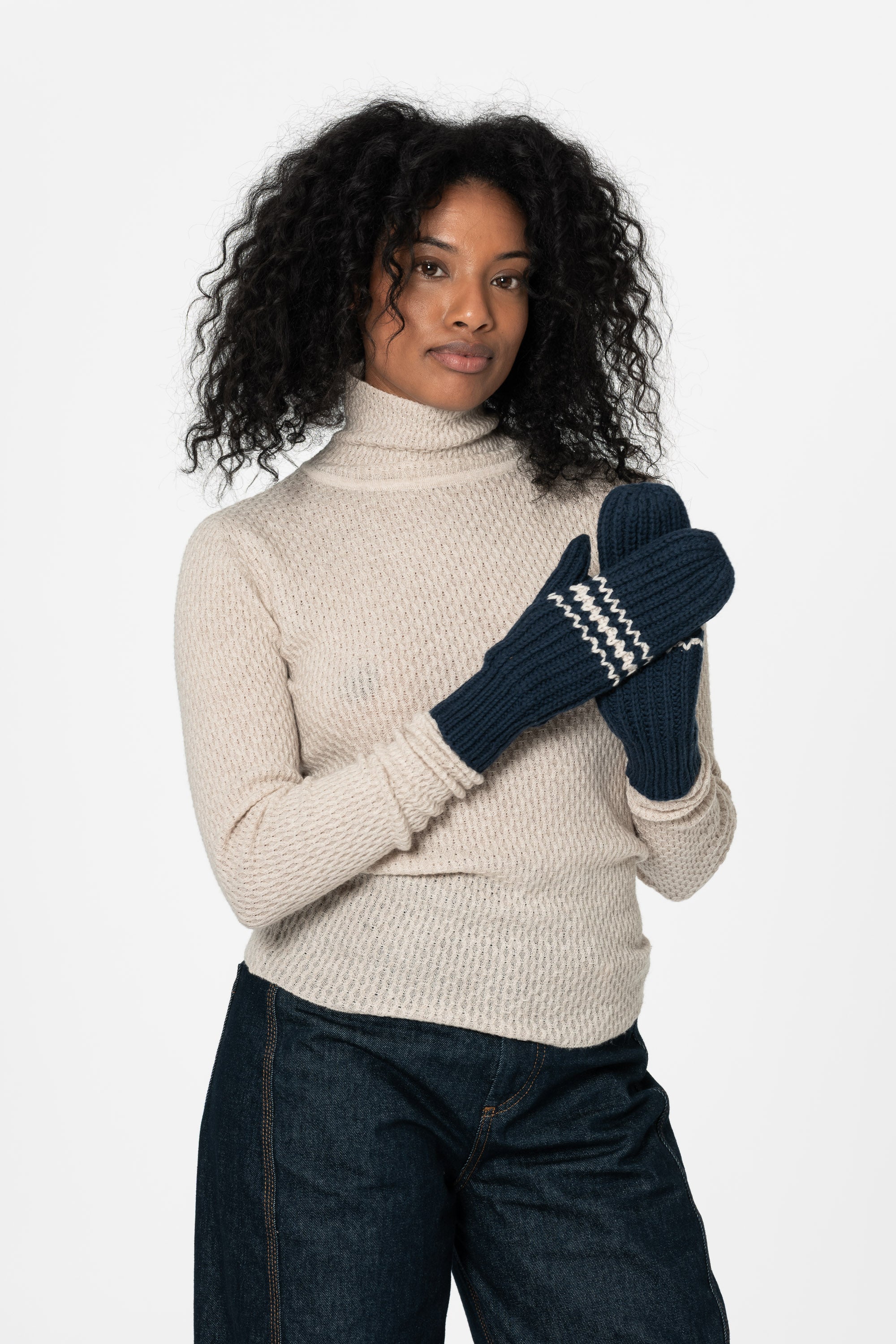 DINADI Merino Handknit Striped Mittens - Space Blue