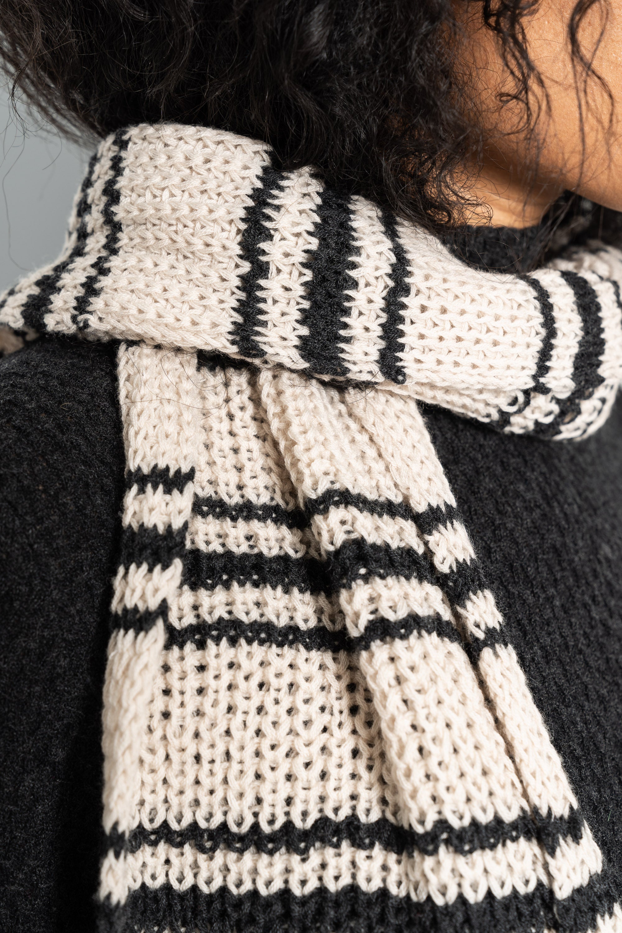 DINADI Merino Handknit Striped Scarf - Almond White