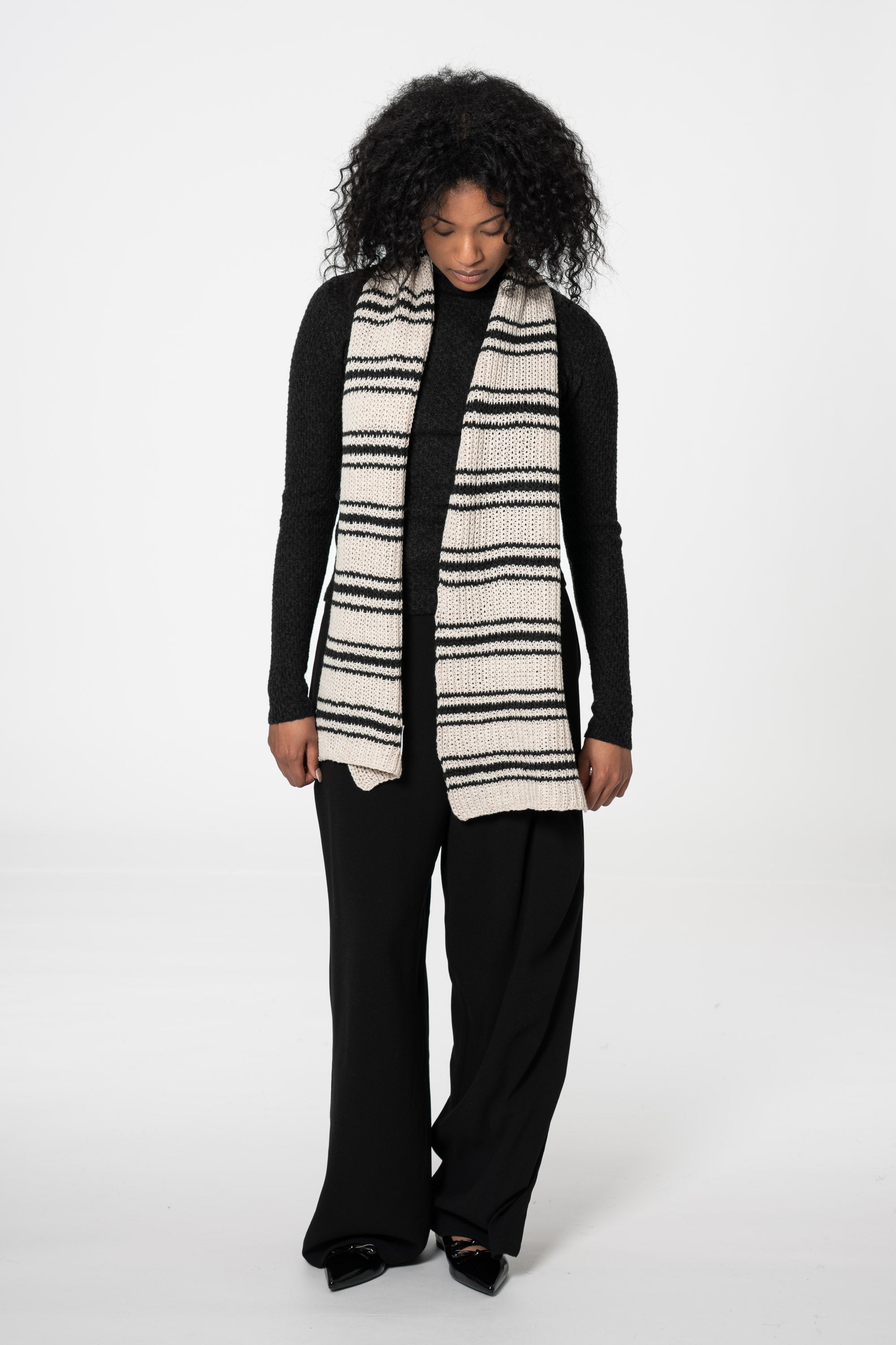 DINADI Merino Handknit Striped Scarf - Almond White