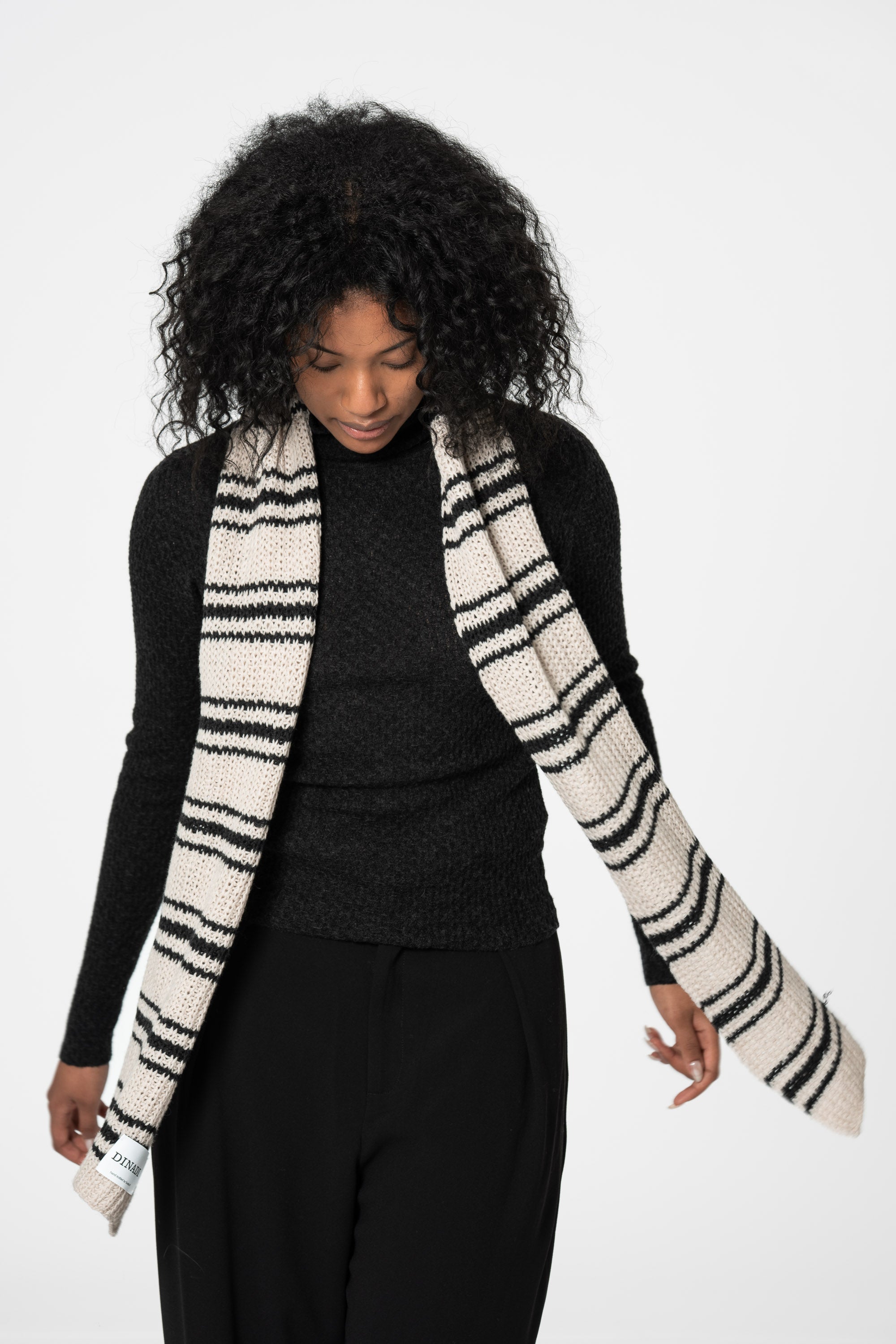 DINADI Merino Handknit Striped Scarf - Almond White