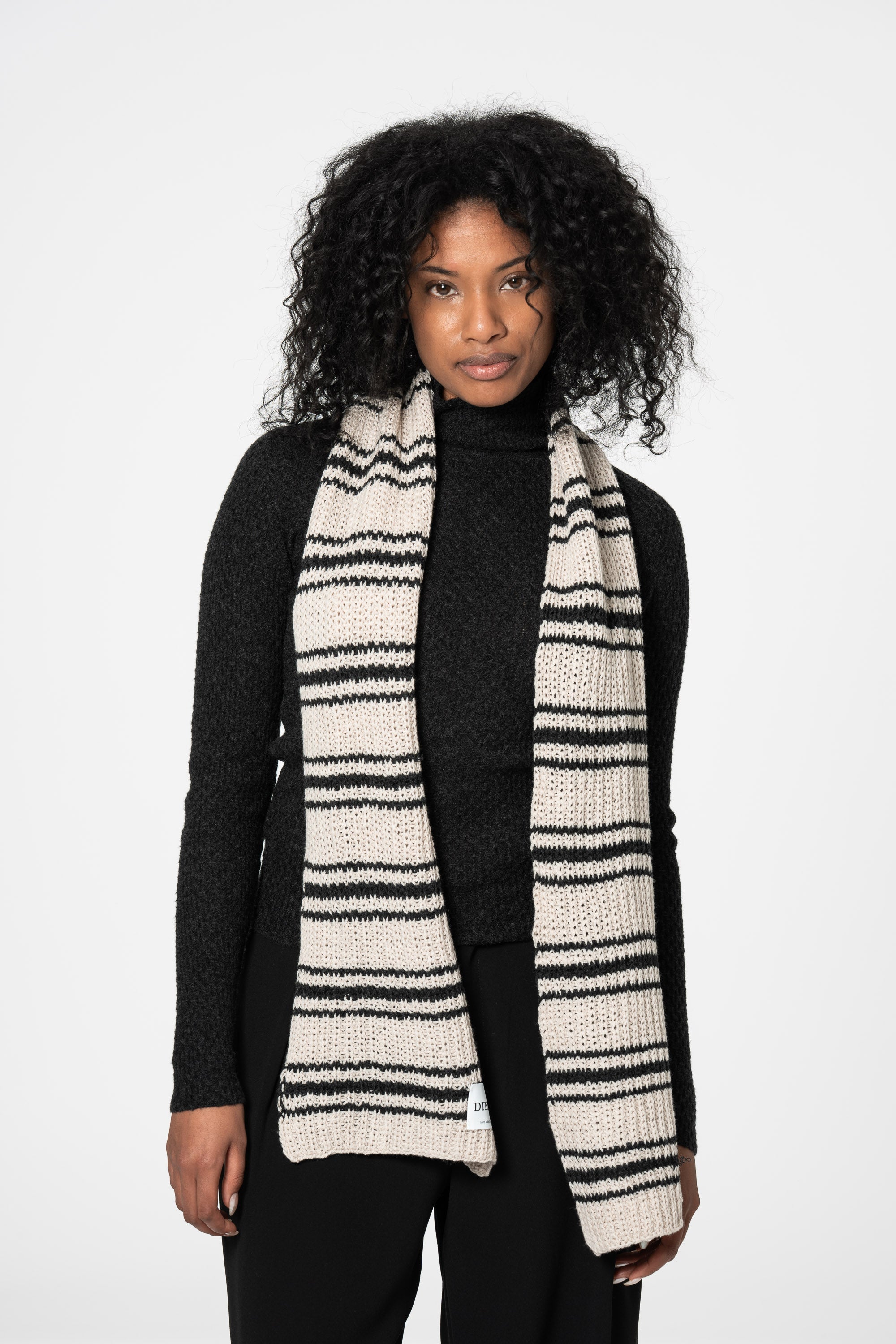 DINADI Merino Handknit Striped Scarf - Almond White