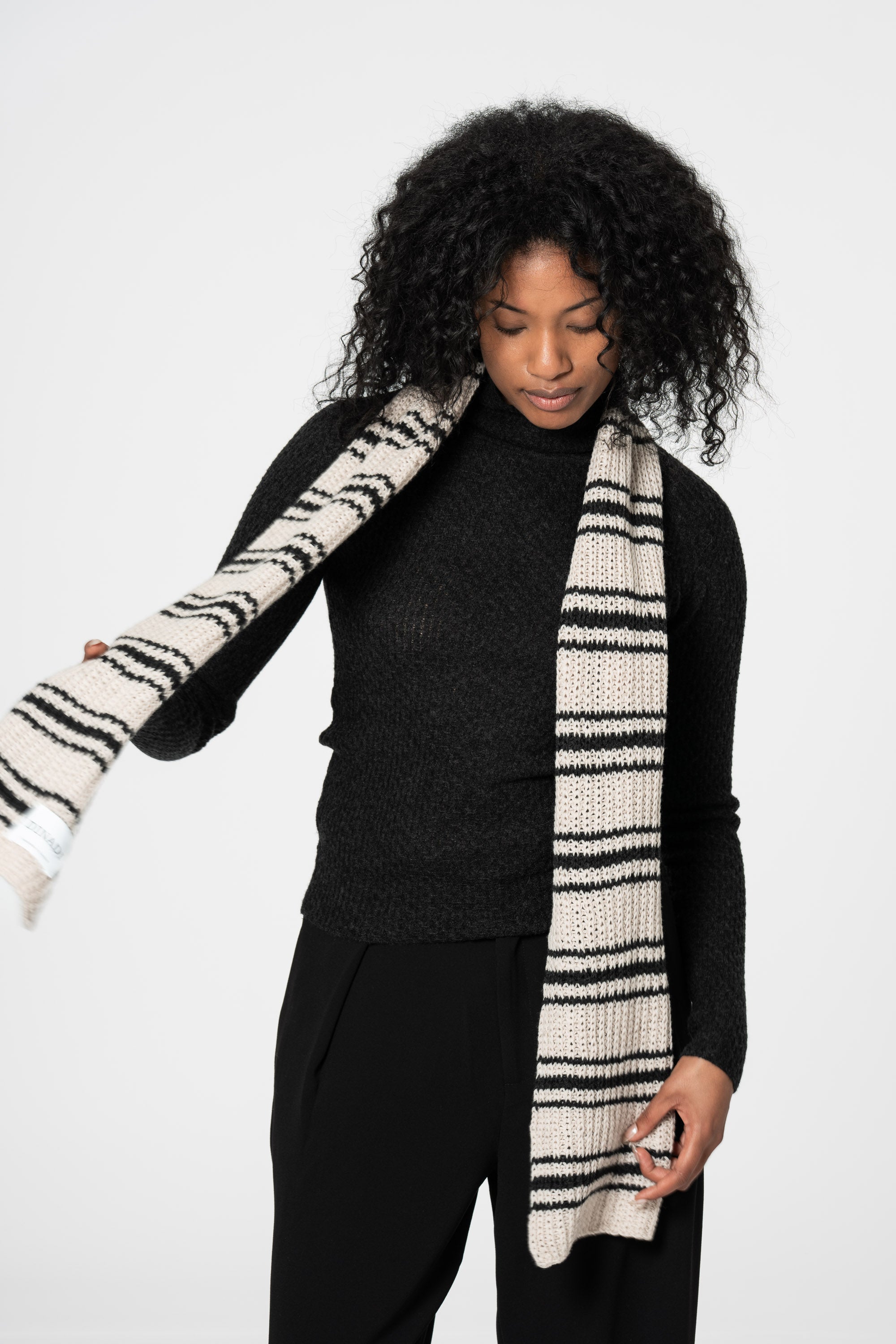 DINADI Merino Handknit Striped Scarf - Almond White