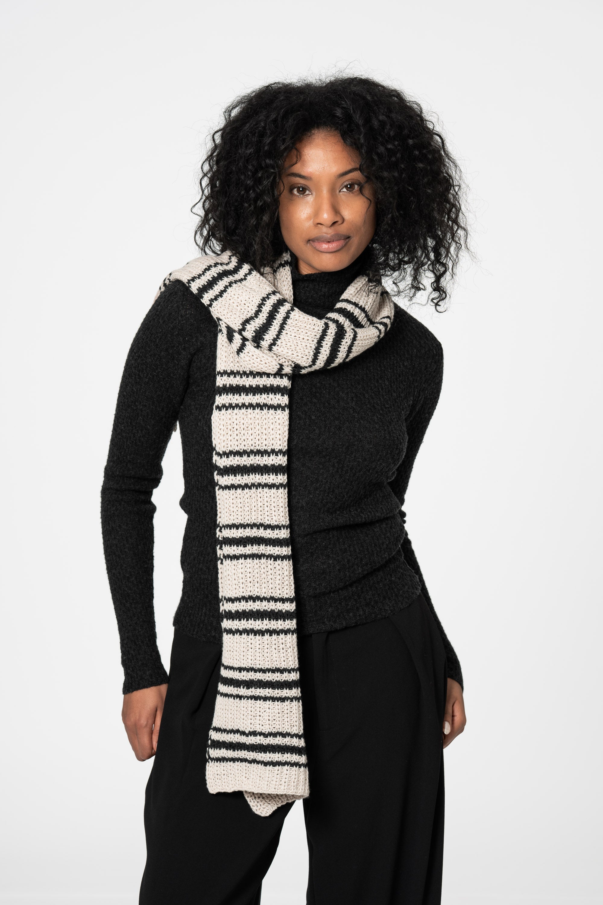 DINADI Merino Handknit Striped Scarf - Almond White