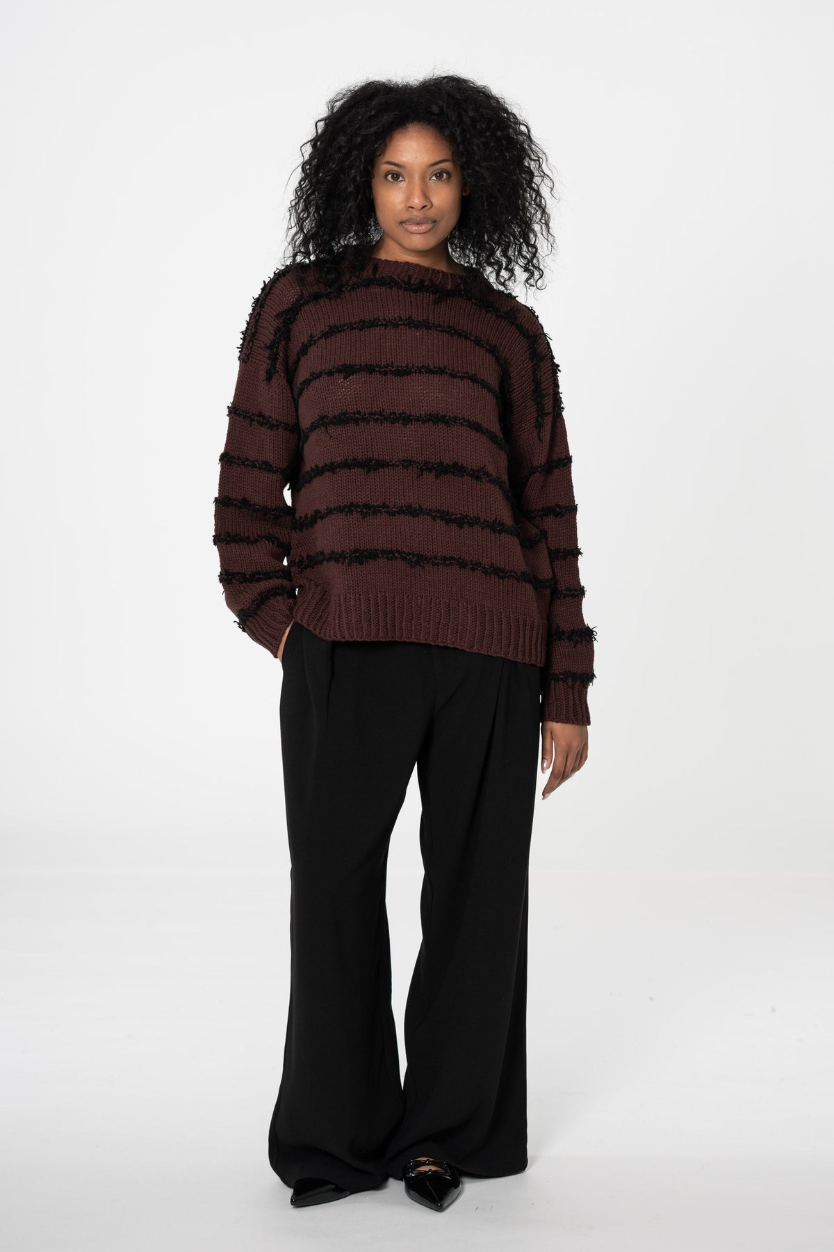 DINADI Merino Handknit Cashmere Stripe Sweater - Merlot Red