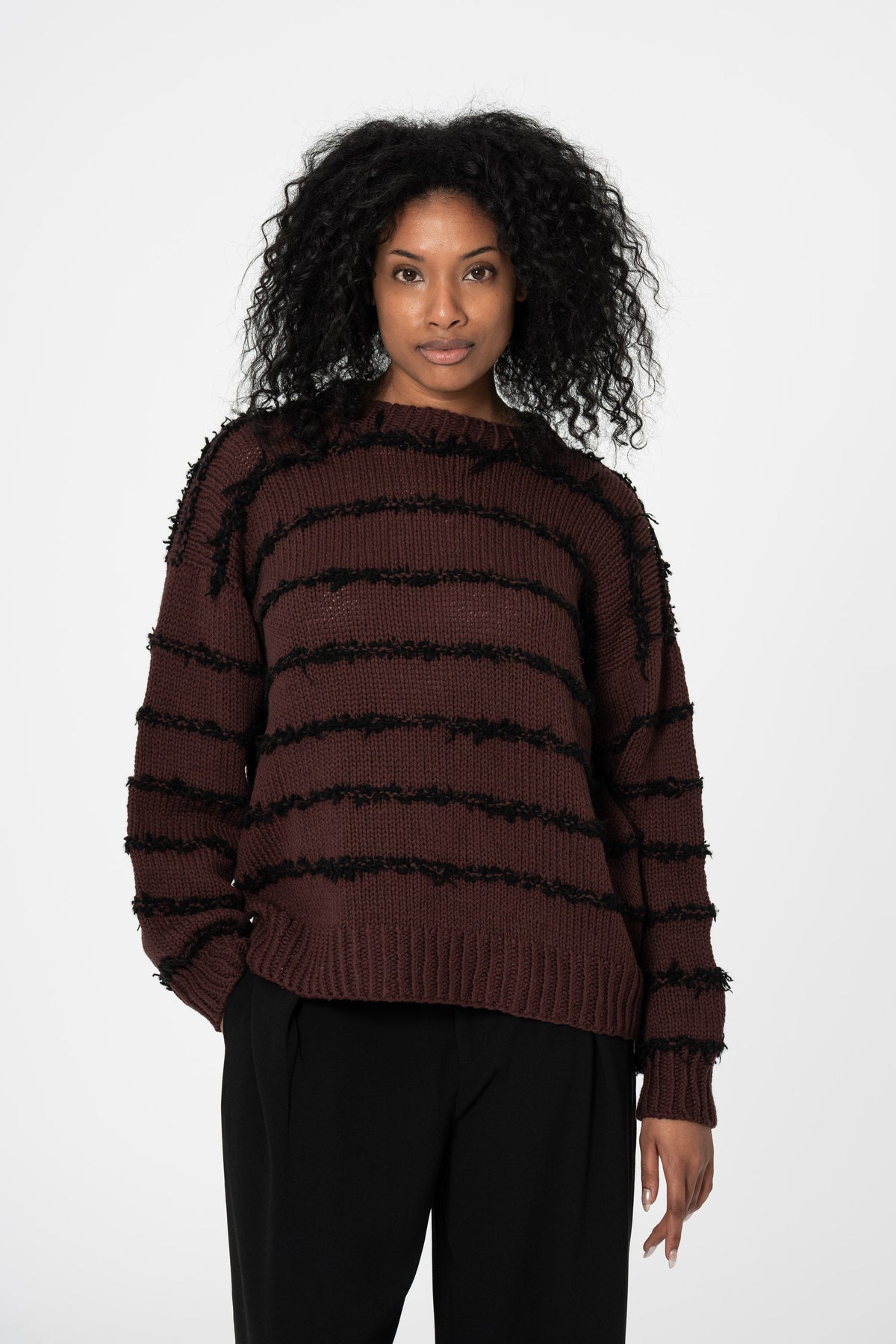 DINADI Merino Handknit Cashmere Stripe Sweater - Merlot Red