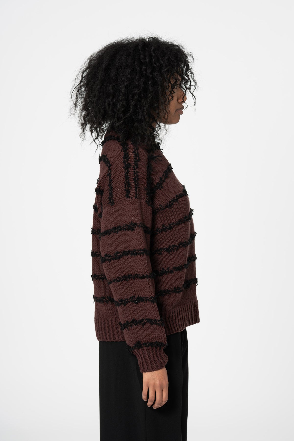 DINADI Merino Handknit Cashmere Stripe Sweater - Merlot Red