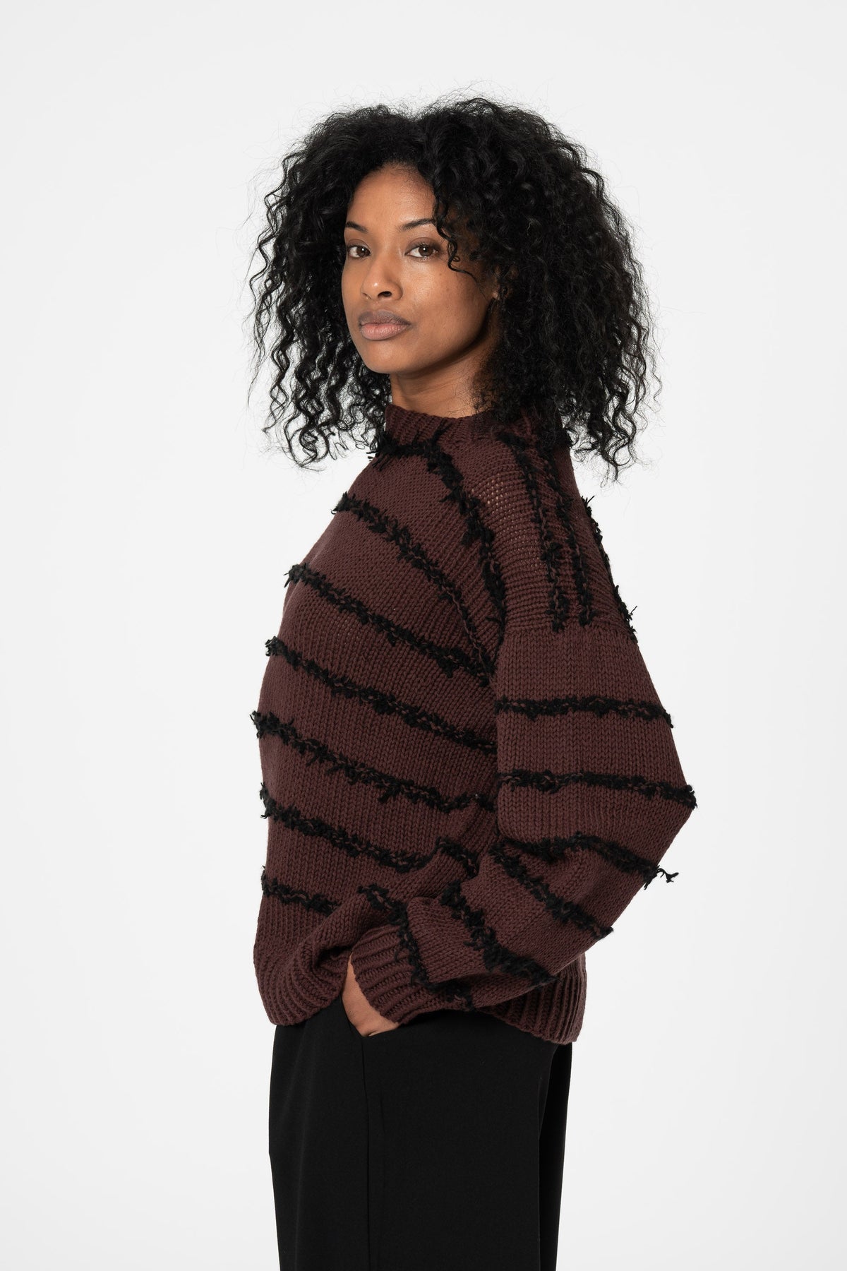DINADI Merino Handknit Cashmere Stripe Sweater - Merlot Red
