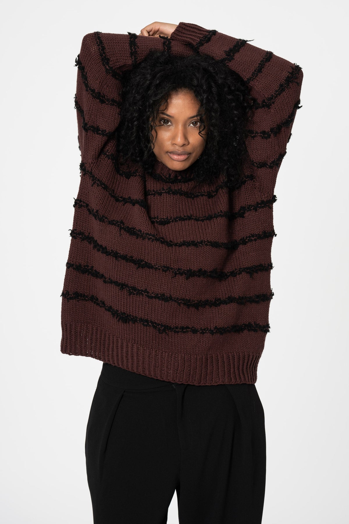 DINADI Merino Handknit Cashmere Stripe Sweater - Merlot Red