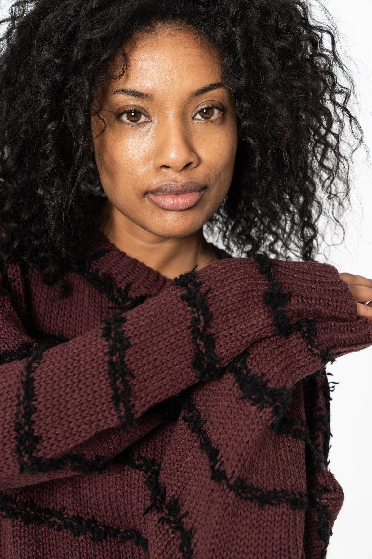 DINADI Merino Handknit Cashmere Stripe Sweater - Merlot Red