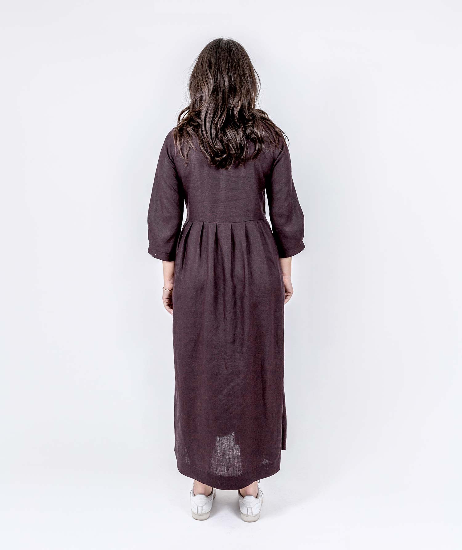 Long Pleated Linen Dress - Mahogany