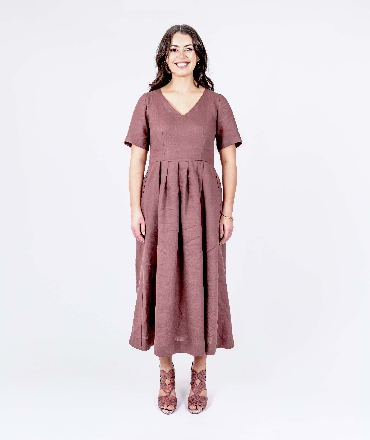 V-neck Linen Dress - Maple