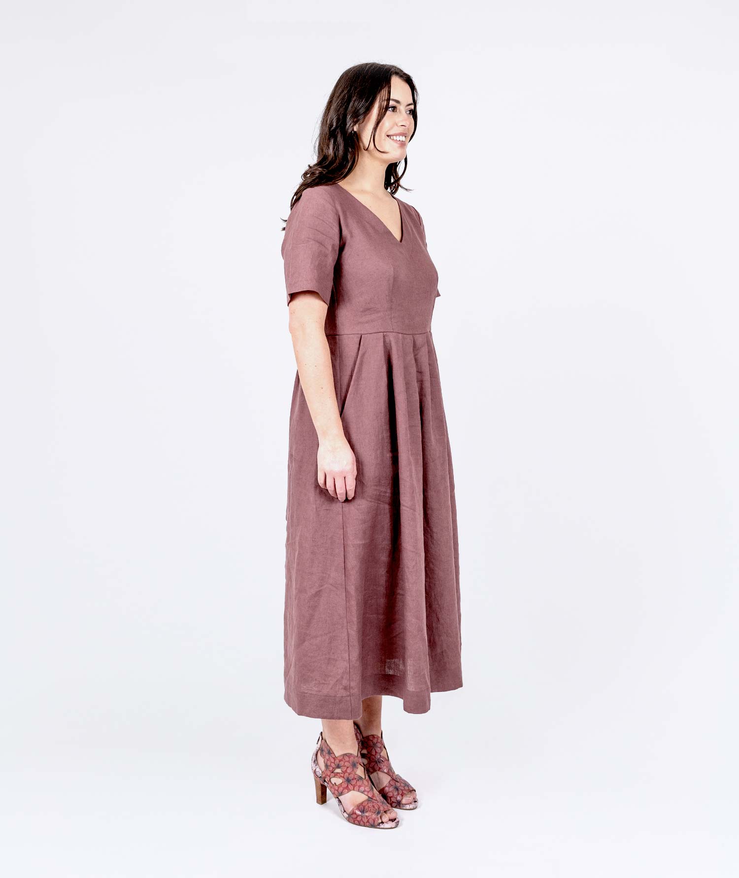 V-neck Linen Dress - Maple