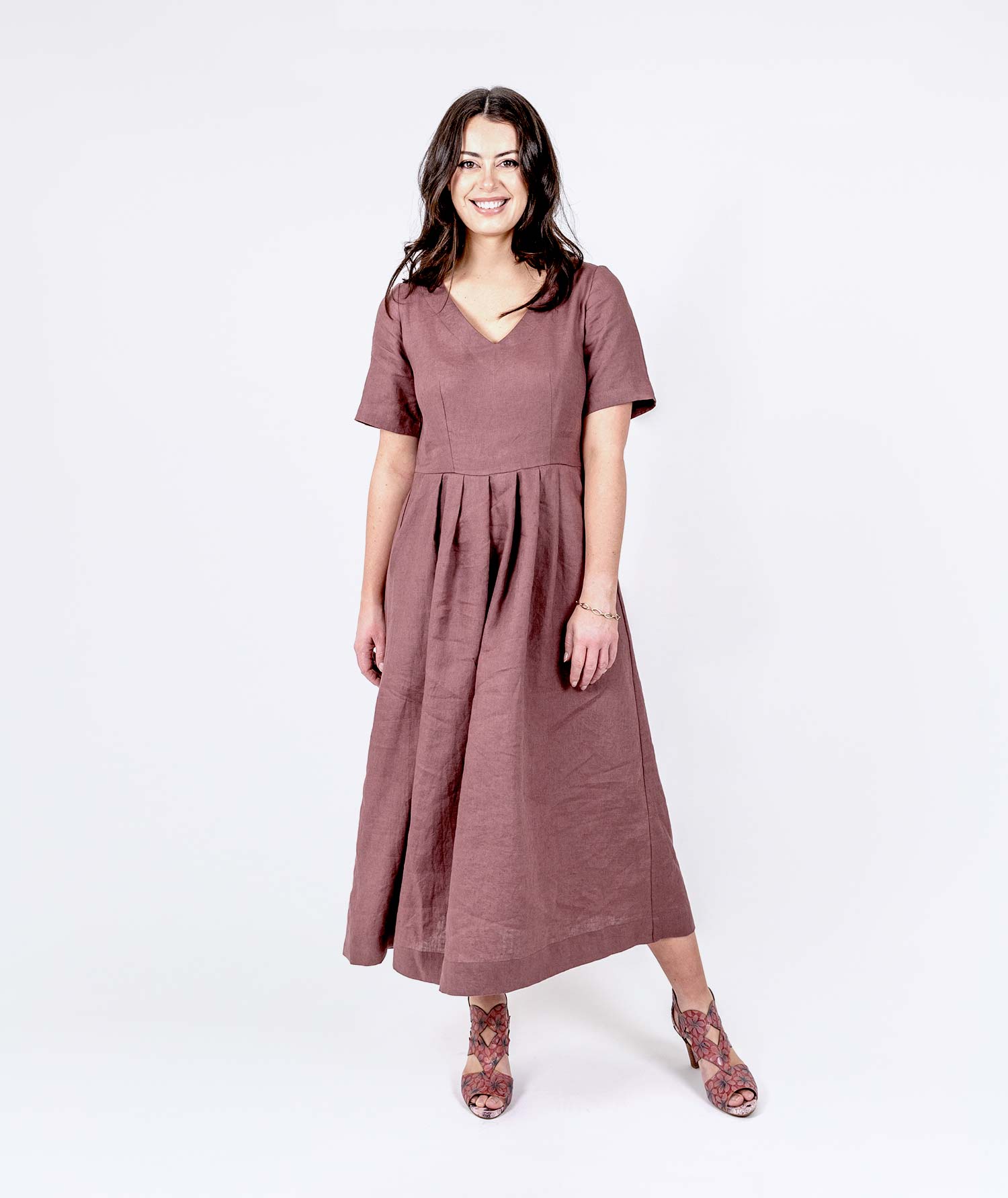 V-neck Linen Dress - Maple