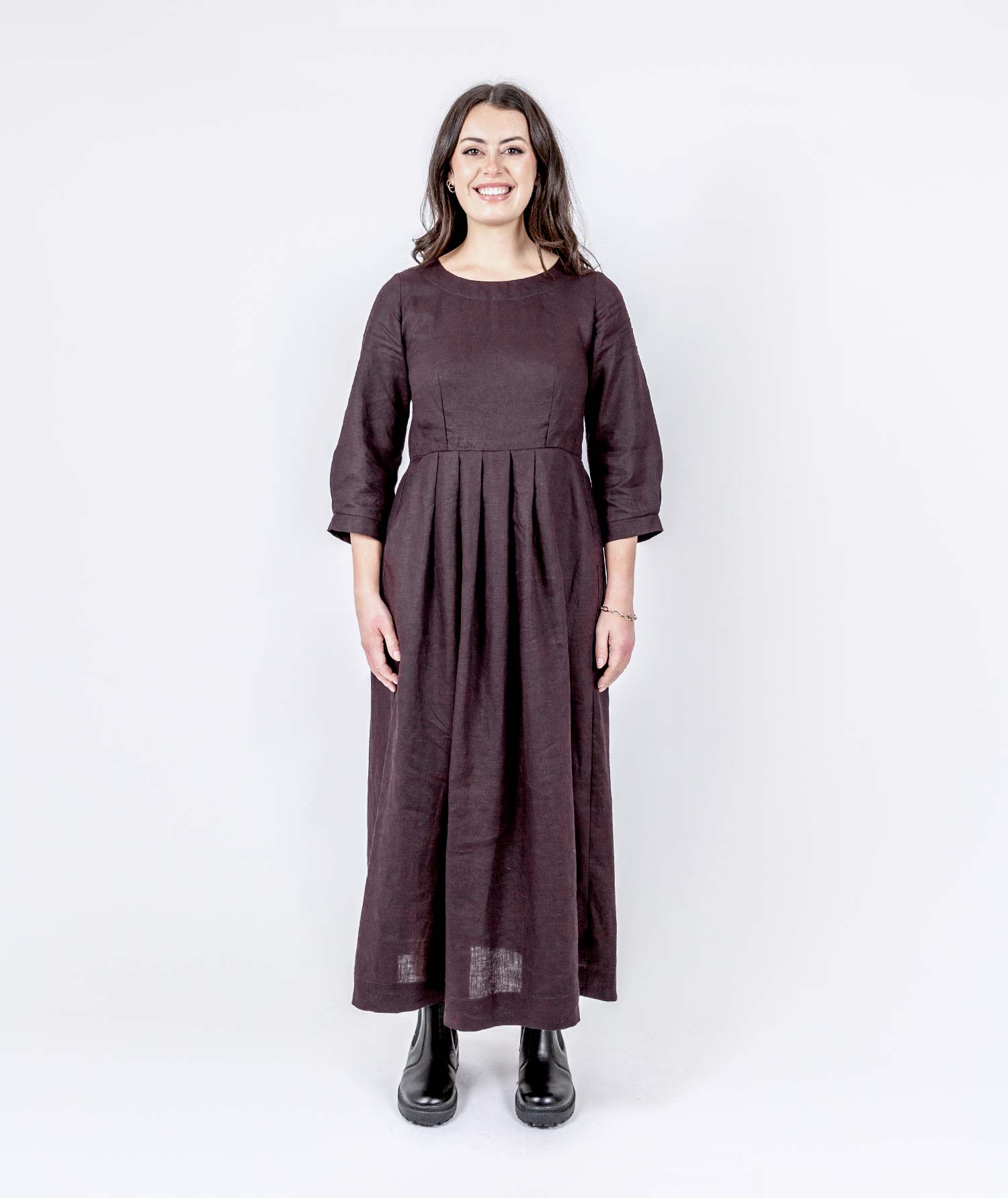 Long Pleated Linen Dress - Mahogany