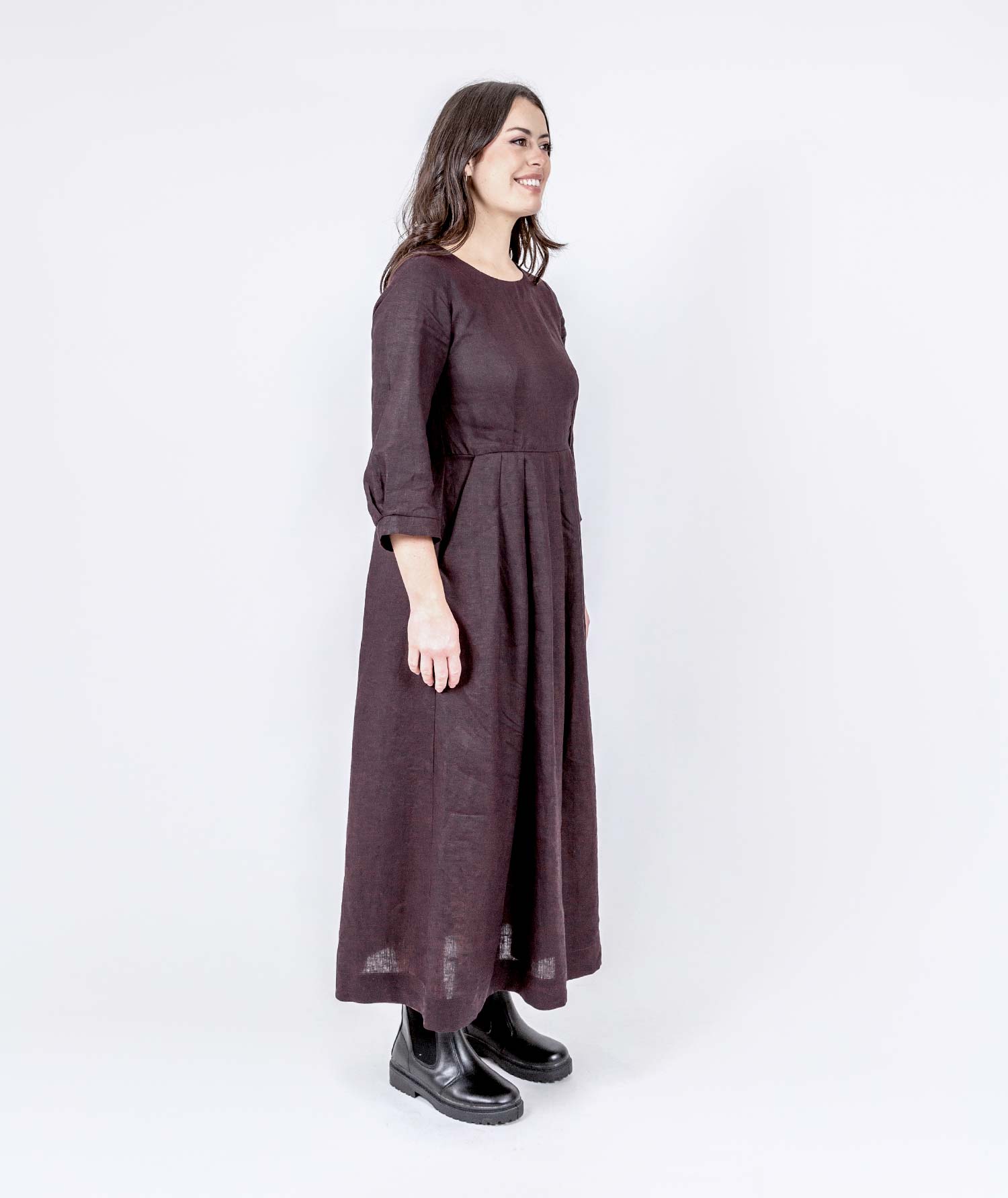 Long Pleated Linen Dress - Mahogany