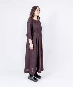 Long Pleated Linen Dress - Mahogany