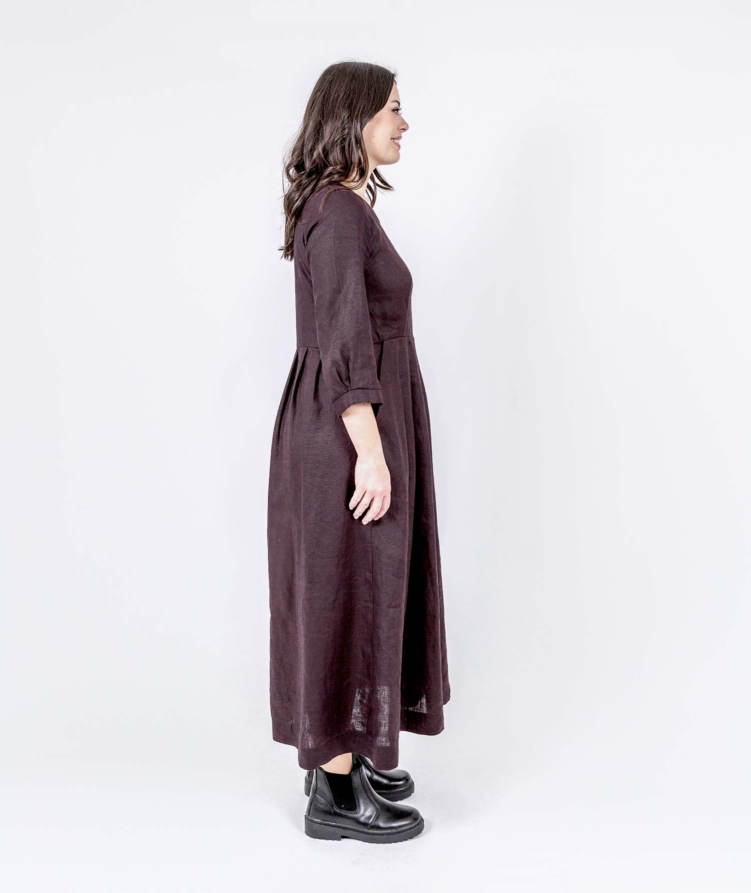 Long Pleated Linen Dress - Mahogany