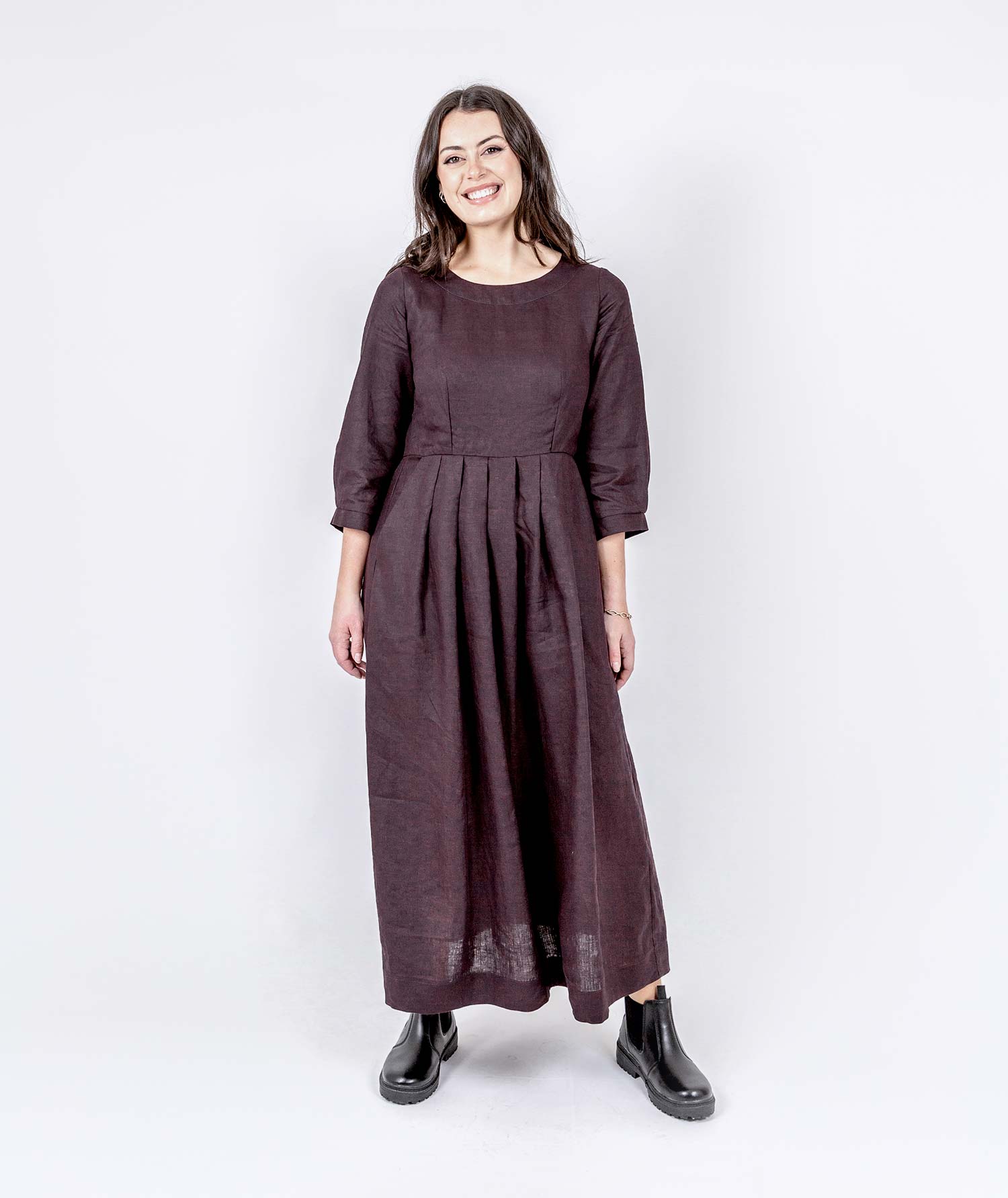 Long Pleated Linen Dress - Mahogany