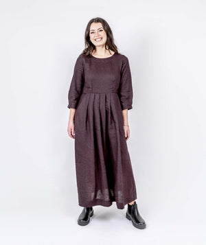 Long Pleated Linen Dress - Mahogany